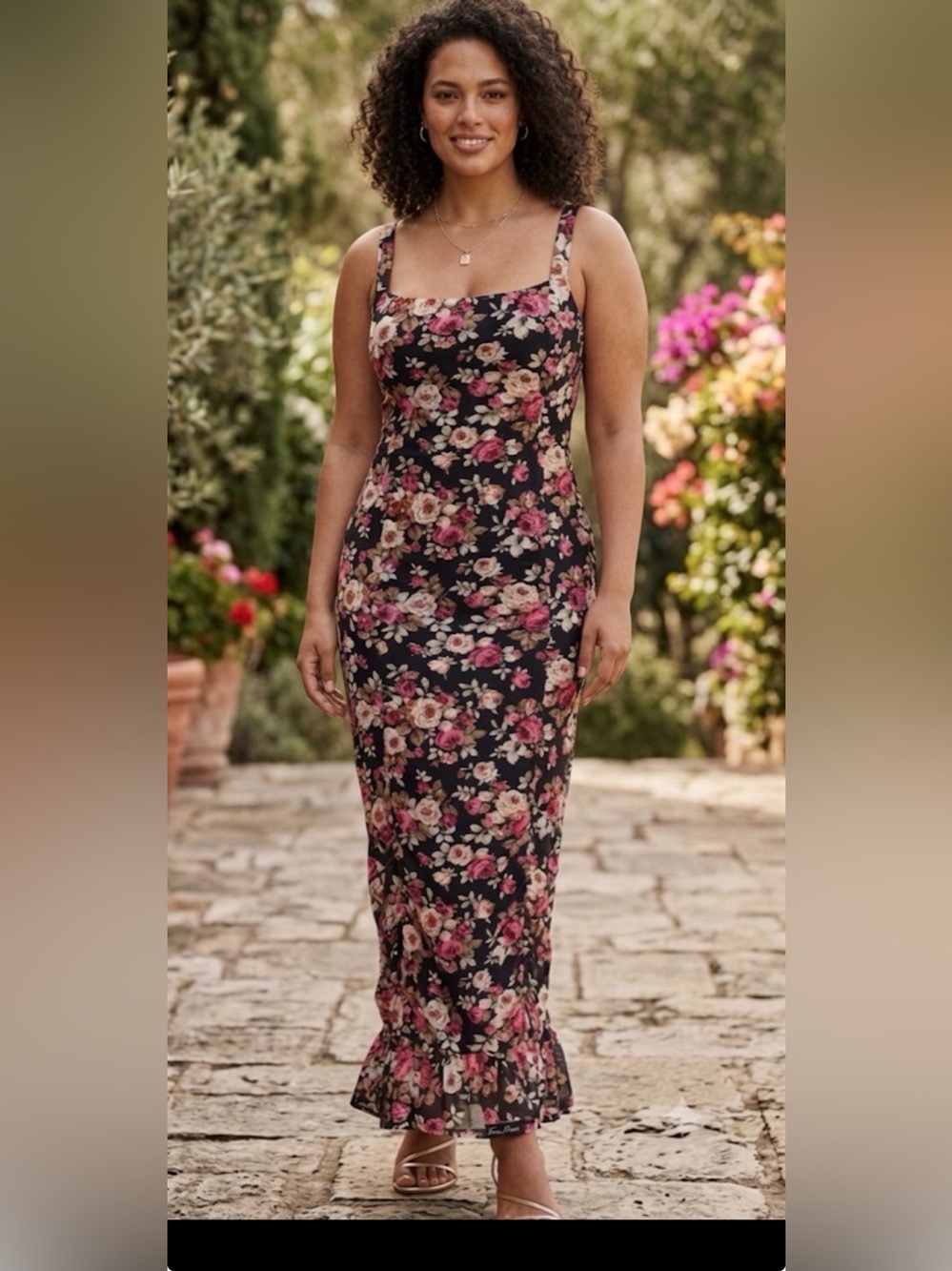 free press Black Floral Maxi Dress with Pink and Cream Roses